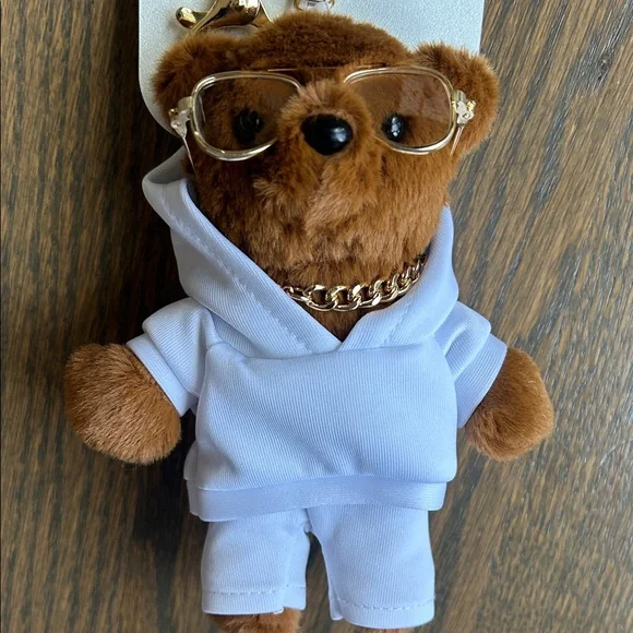 Natasha Brown Bear with Gold Chain and Glasses  Bag Charm/Key Chain Viral TikTok - Picture 3 of 4